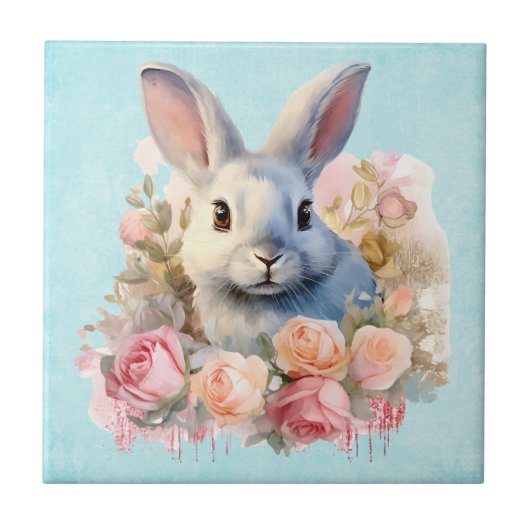 Bunny with a Garland of Roses Cute タイル (正面)