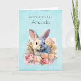 Bunny with a Garland of Roses Cute Birthday カード