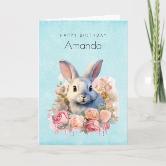 Bunny with a Garland of Roses Cute Birthday カード (正面)