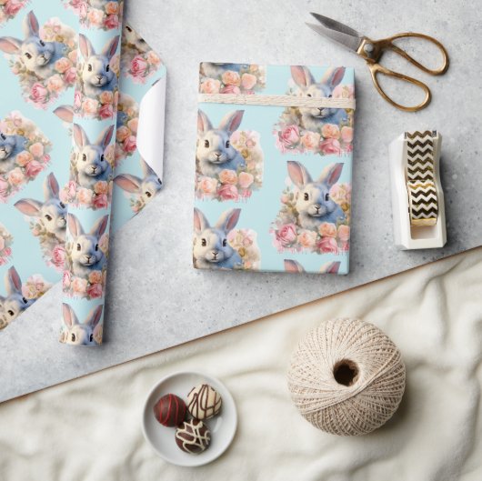 Bunny with a Garland of Roses Cute Pattern ラッピングペーパー (クラフト)