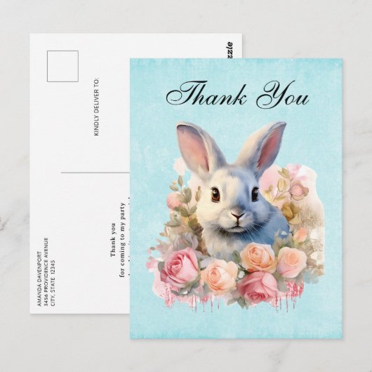 Bunny with a Garland of Roses Cute Thank You ポストカード (正面/裏面)