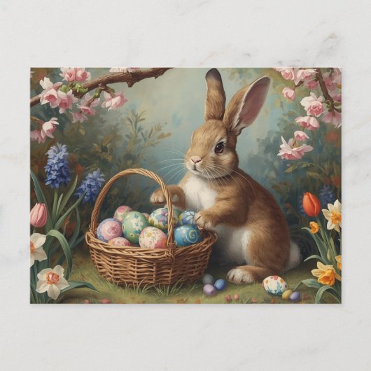 Bunny with Easter Egg Basket and Spring Garden  シーズンポストカード (正面)