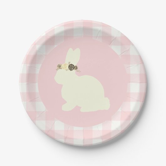Bunny with Flowers Pink Party Paper Plate ペーパープレート (正面)