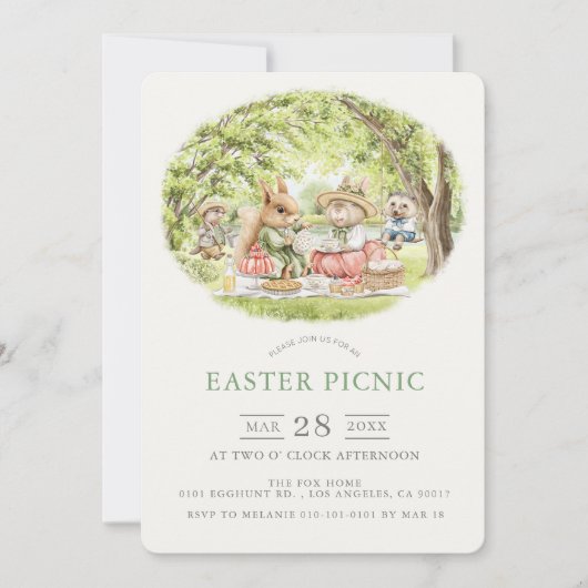 Bunny Woodland Animals Easter Picnic 招待状 (正面)