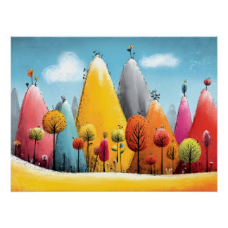 bunte Fantasie Landschaft - Berge und Bäume ポスター