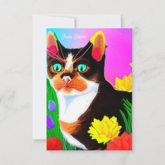 Bunte gemalte Katze und Blumen Ostern  Karte カード (正面)