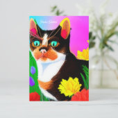 Bunte gemalte Katze und Blumen Ostern  Karte カード (スタンド正面)