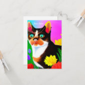 Bunte gemalte Katze und Blumen Ostern  Karte カード (正面/裏面インサイチュ)