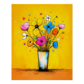 Bunter Blumenstrauß in Vase - Pop Art Cartoon Stil ポスター