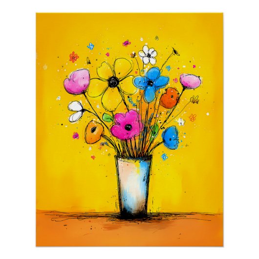 Bunter Blumenstrauß in Vase - Pop Art Cartoon Stil ポスター (正面)