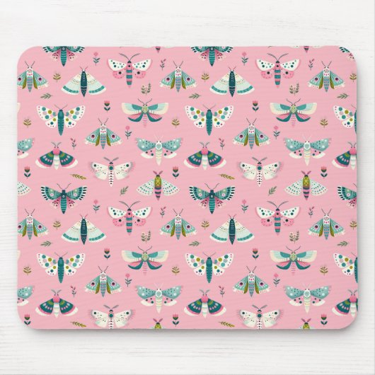 Bunter Mottengarten- rosa Muster mit Faltern マウスパッド (正面)