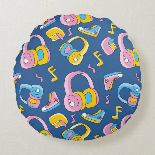 Bunter Musikmix in rosa, blau, gelb ラウンドクッション (正面)