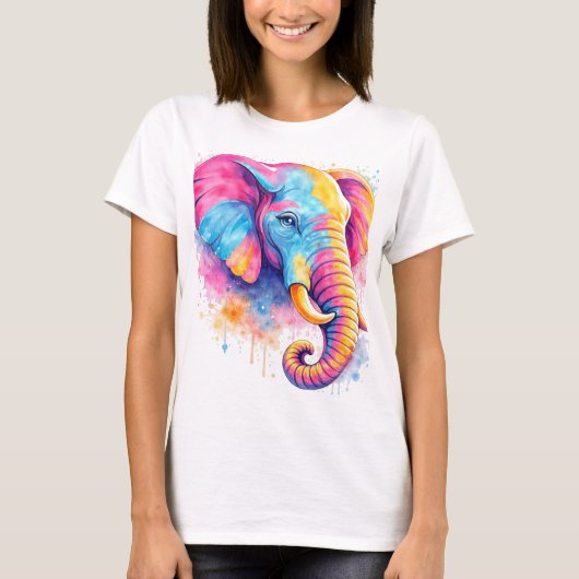 Bunter Regenbogen Elefant Aquarell Tシャツ (正面)
