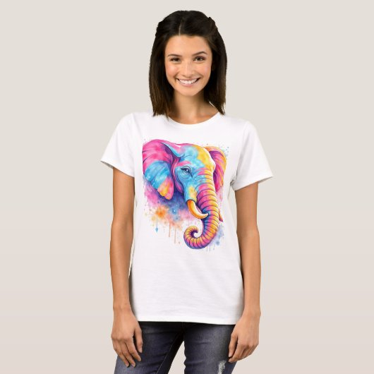 Bunter Regenbogen Elefant Aquarell Tシャツ (正面フル)