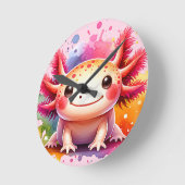 Buntes lächelndes Axolotl als Grafik ラウンド壁時計 (傾斜)