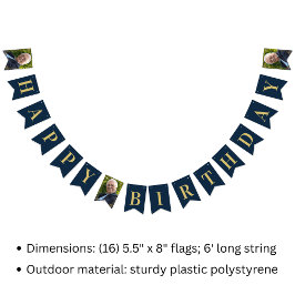 Bunting Flags Photo Navy Gold 80th Happy Birthday バンティングフラッグ