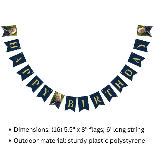 Bunting Flags Photo Navy Gold 80th Happy Birthday バンティングフラッグ