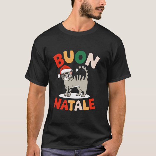 Buon Nataleエジプトマウ猫クリスマスイタリアサンタ Tシャツ (正面)