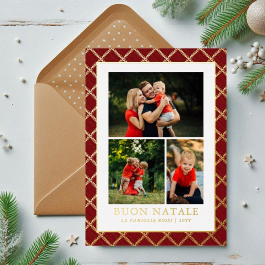 Buon Nataleフォトコラージュレッドチェック 箔シーズンカード