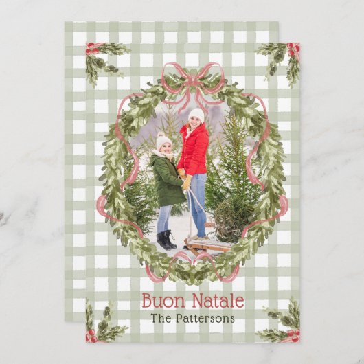 Buon Natale水彩フローラボウファミリーフォト シーズンカード (正面/裏面)