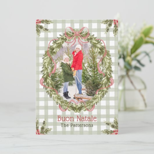 Buon Natale水彩フローラボウファミリーフォト シーズンカード (スタンド正面)