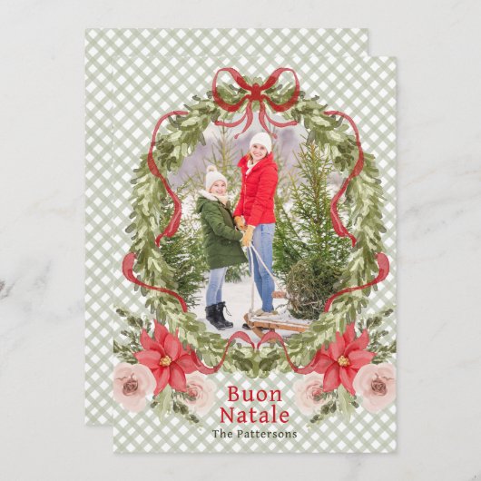 Buon Natale水彩フローラボウファミリーフォト シーズンカード (正面/裏面)