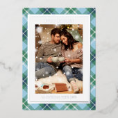 Buon Natale Blue Green Plaid Tartan Photo 箔シーズンカード (正面)