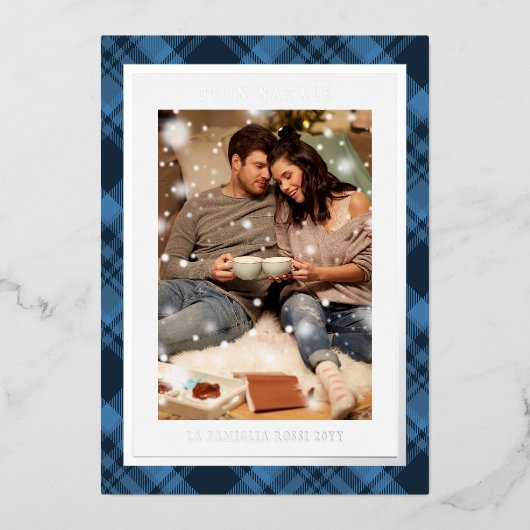 Buon Natale Blue Plaidタータンチェック写真 箔シーズンカード (正面)