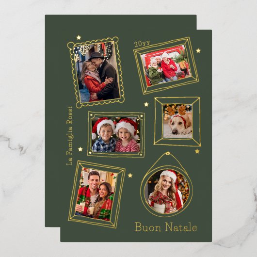 Buon Natale Doodle Frame Multi Photo 箔シーズンカード (正面/裏面)