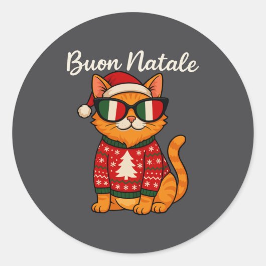 Buon Natale Italian Cat Christmas, Italy Pride Hol ラウンドシール (正面)