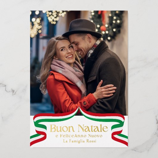 Buon Natale Italian Red Green Ribbon Photo 箔シーズンカード (正面)