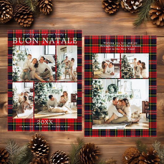 Buon Natale Multi Photo Red Plaid Holiday Card シーズンカード