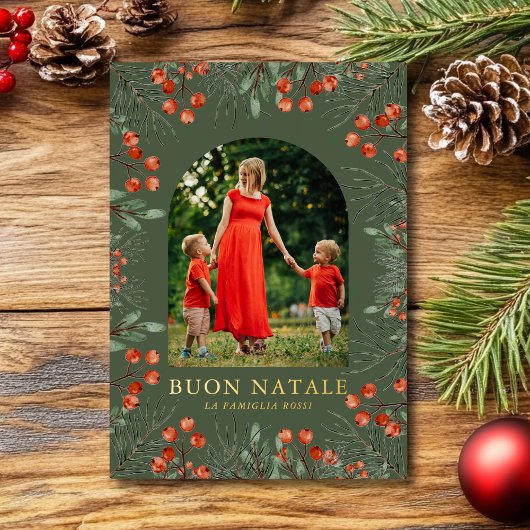 Buon Natale Photo Collage Watercolor Floral 箔シーズンカード