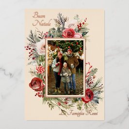 Buon Natale Photo Floral Blue Foil Holiday Card 箔シーズンカード