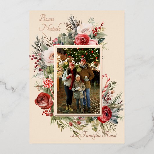 Buon Natale Photo Floral Blue Foil Holiday Card 箔シーズンカード (正面)