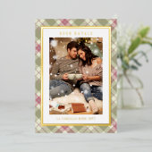 Buon Natale Pink Green Plaid Tartan Photo 箔シーズンカード (立ち正面)