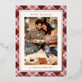 Buon Natale Pink Red Plaid Tartan Photo 箔シーズンカード (正面)