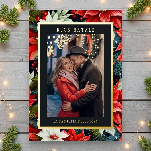 Buon Natale Red Poinsettia Floral Photo 箔シーズンカード