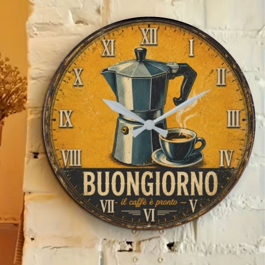 Buongiorno Italian Espresso Moka Pot Kitchen Café ラージ壁時計
