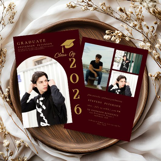 Burdundy  and Gold Photo Graduation 招待状