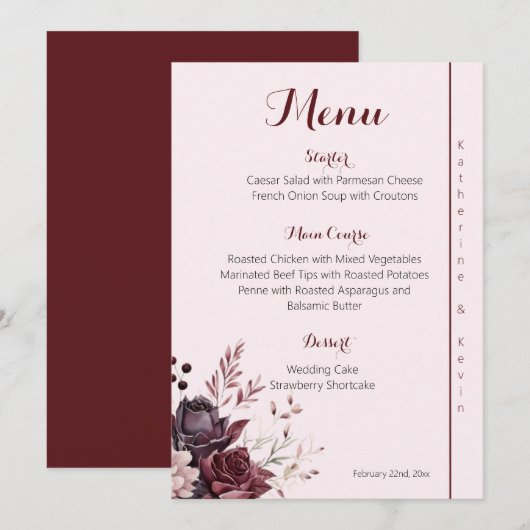 Burgandy Dustyバラフローラ結婚のメニュー メニュー (正面/裏面)