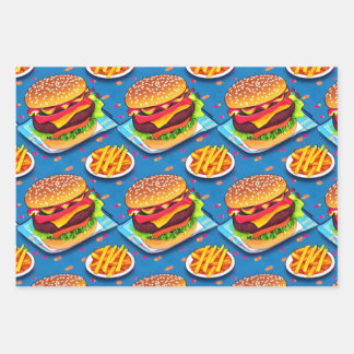 Burger and Fries Colorful Cartoon Illustration ラッピングペーパーシート