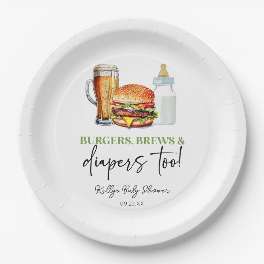 Burgers Brews and Diapers Too! Baby Shower ペーパープレート (正面)