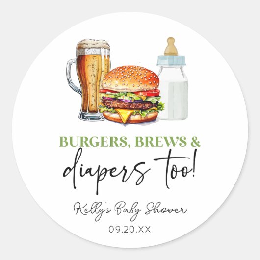 Burgers Brews and Diapers Too! Baby Shower ラウンドシール (正面)