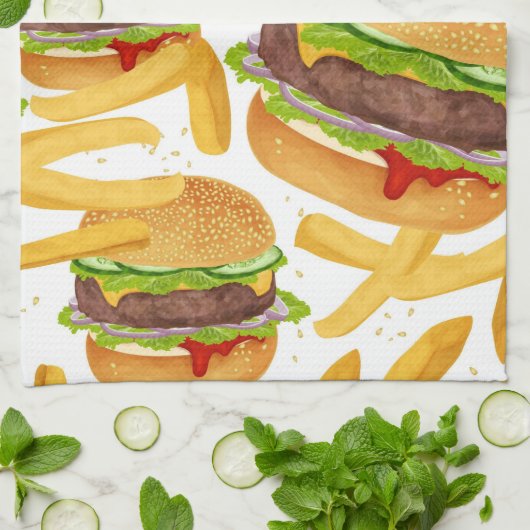 Burgers & Fries キッチンタオル (折り畳み)