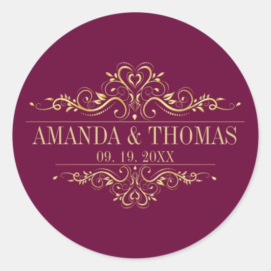 BurgundElegantフレームパーソナライズされた結婚式用シール ラウンドシール (正面)