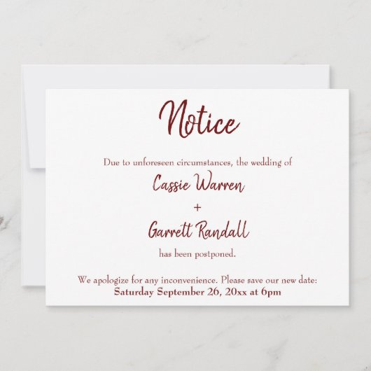 Burgundyが発表を延期結婚したことに通知 招待状 (正面)