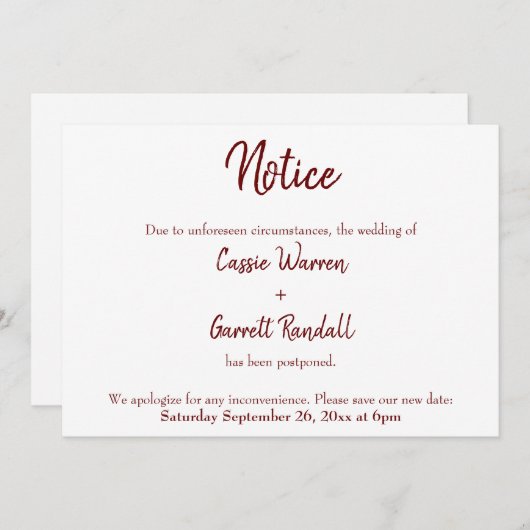 Burgundyが発表を延期結婚したことに通知 招待状 (正面/裏面)