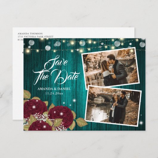 Burgundyとティール（緑がかった色）日付を保存フォトポストカード 案内ポストカード (正面/裏面)