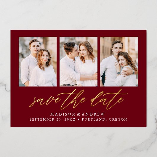 Burgundyと金ゴールドスクリプト3 Photo Save the Date 箔招待状 (正面)